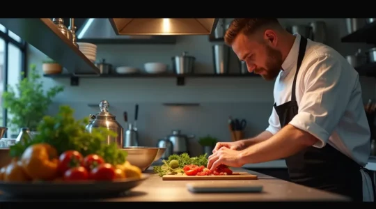 Un chef cuisinier en tenue professionnelle travaillant avec concentration dans une cuisine moderne et professionnelle, avec des éléments évoquant rigueur et méthode de travail