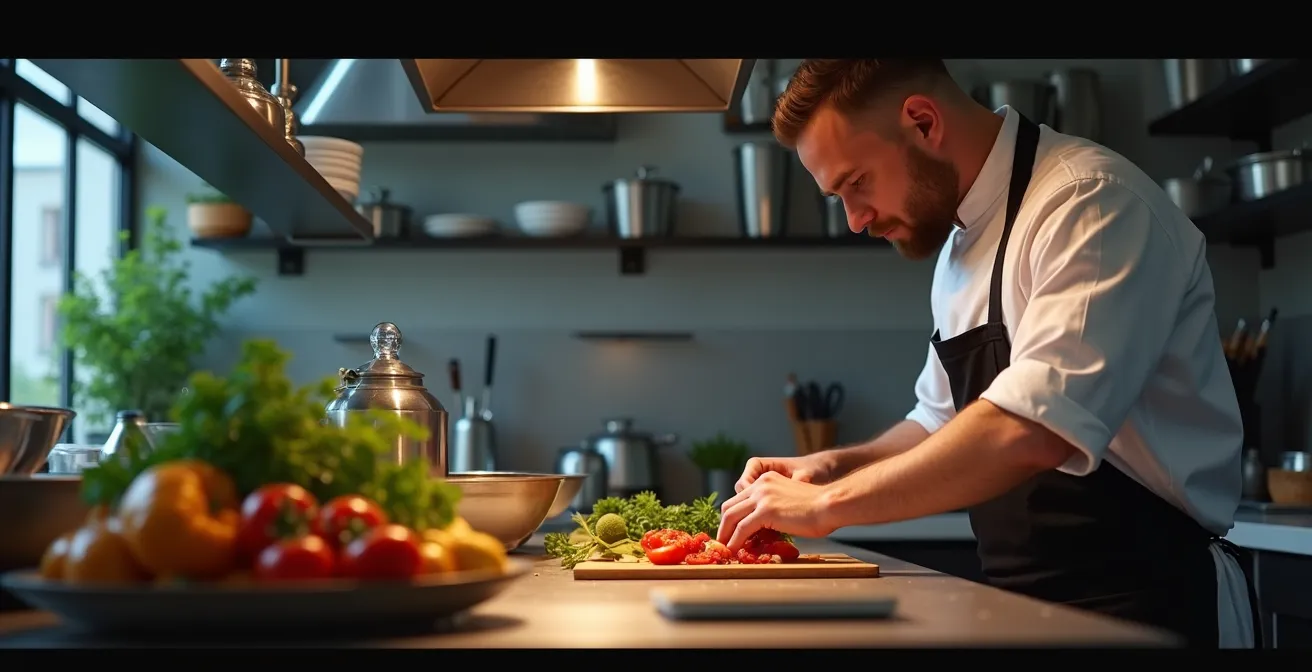 Un chef cuisinier en tenue professionnelle travaillant avec concentration dans une cuisine moderne et professionnelle, avec des éléments évoquant rigueur et méthode de travail