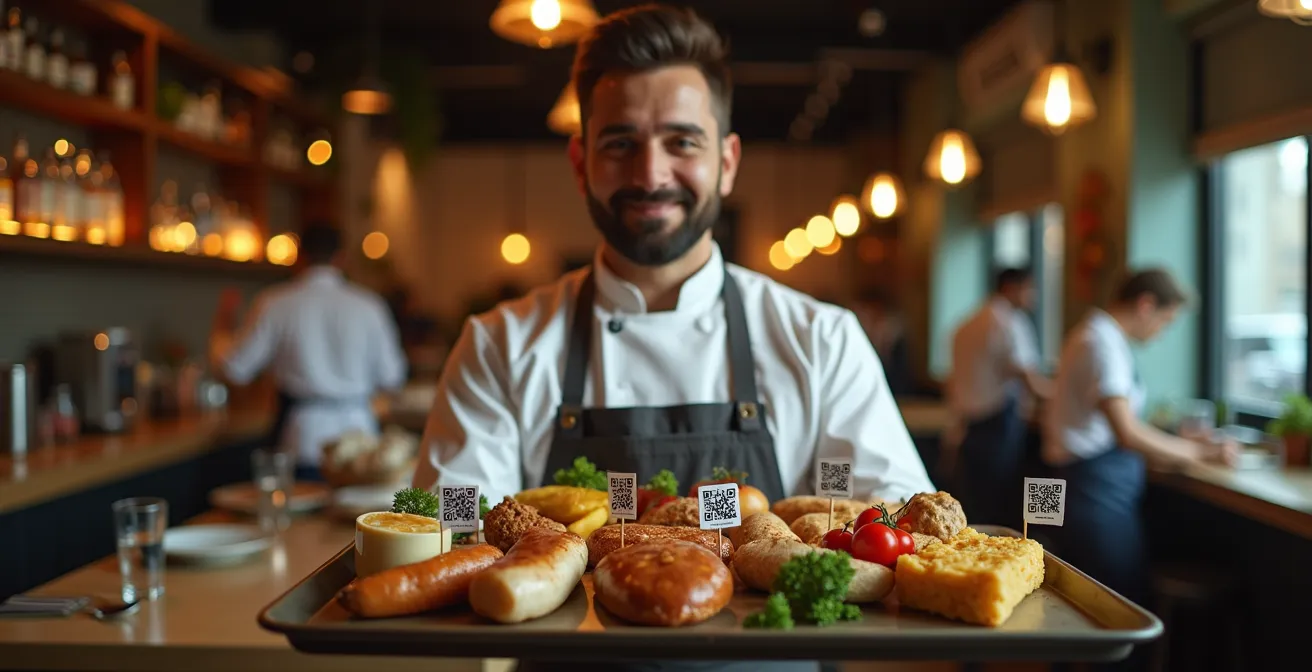 Une scène symbolique montrant un chef de restaurant avec un plateau représentant différents produits alimentaires labellisés avec des codes QR et des étiquettes de traçabilité, évoquant la transparence et la confiance.