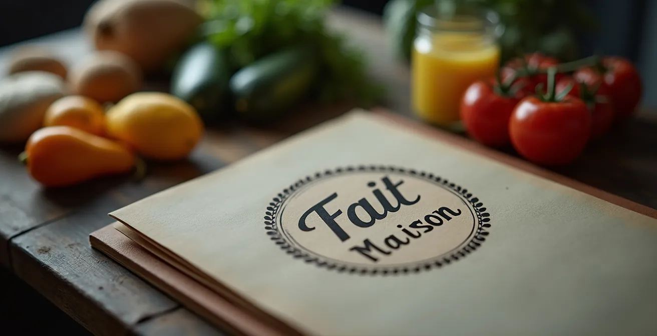 Visuel symbolique montrant un logo Fait Maison sur un menu, avec en arrière-plan des ingrédients artisanaux et industriels mélangés