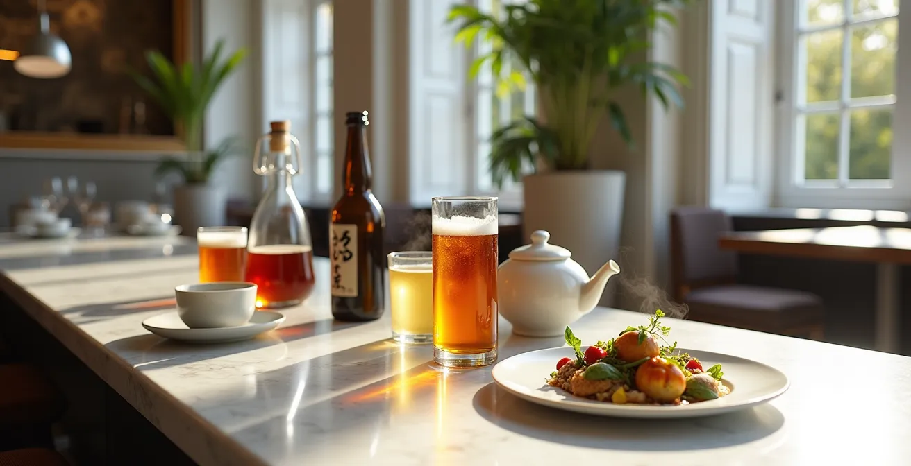 Composition minimaliste montrant différentes boissons alternatives pour accords gastronomiques