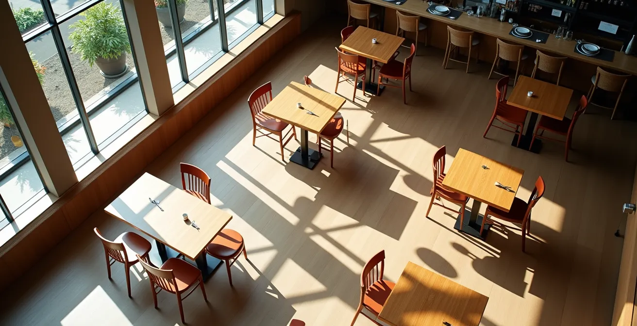 Vue grand angle d'une salle de restaurant montrant un agencement optimisé avec circulation fluide