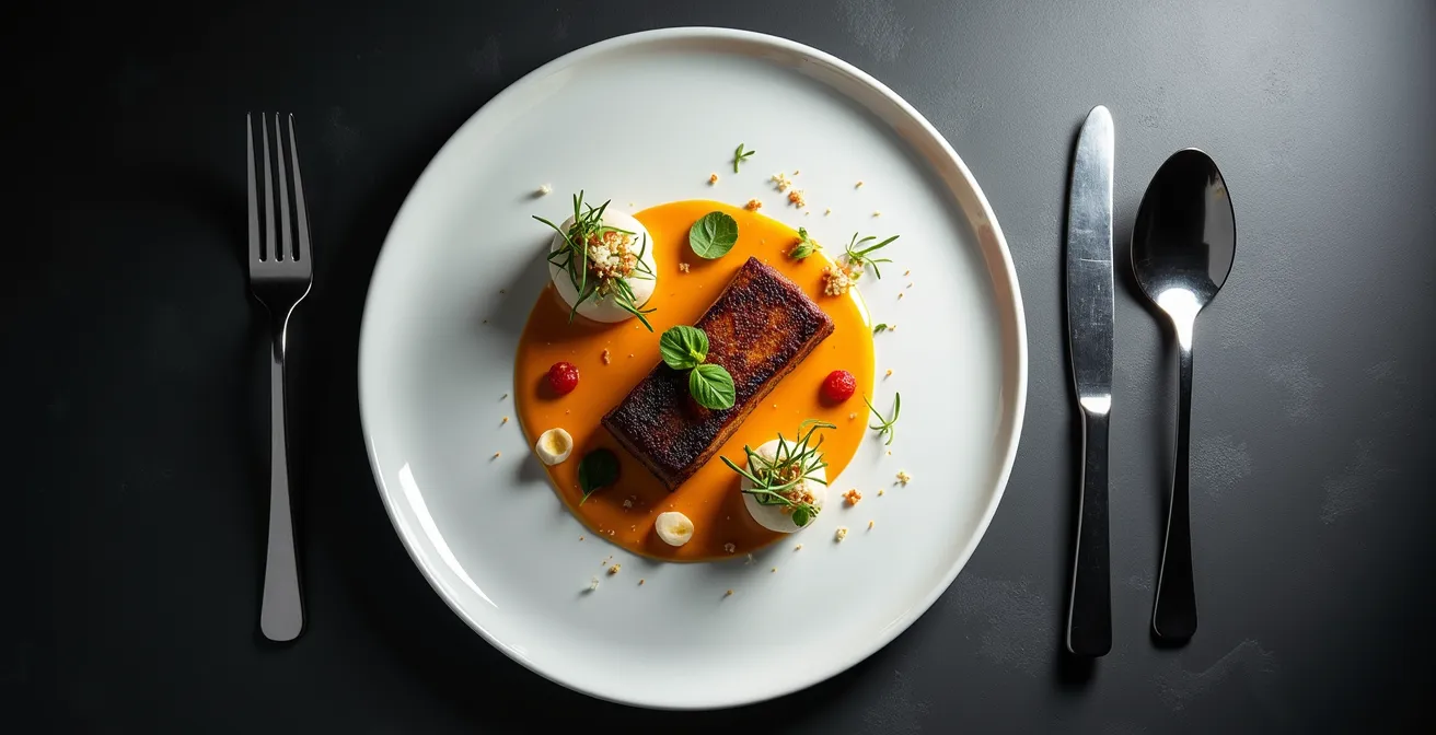 Vue aérienne d'une assiette gastronomique montrant la composition géométrique et l'équilibre des éléments