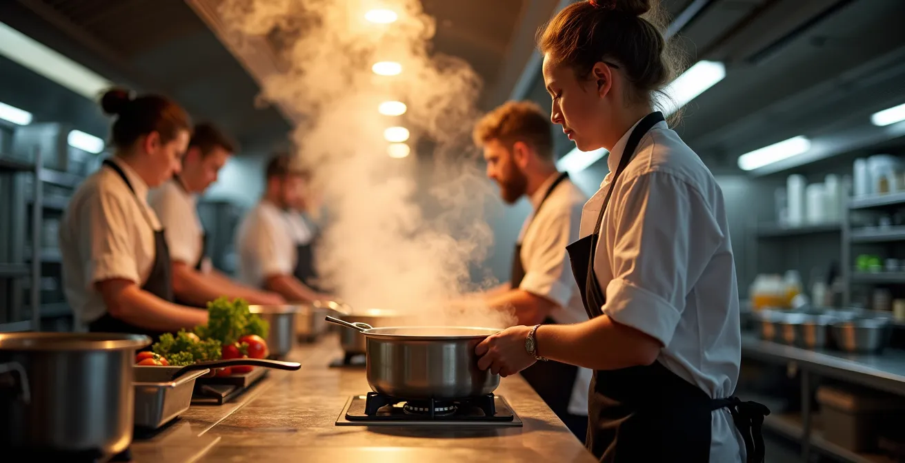 Jeunes apprentis cuisiniers en formation pratique dans une cuisine professionnelle