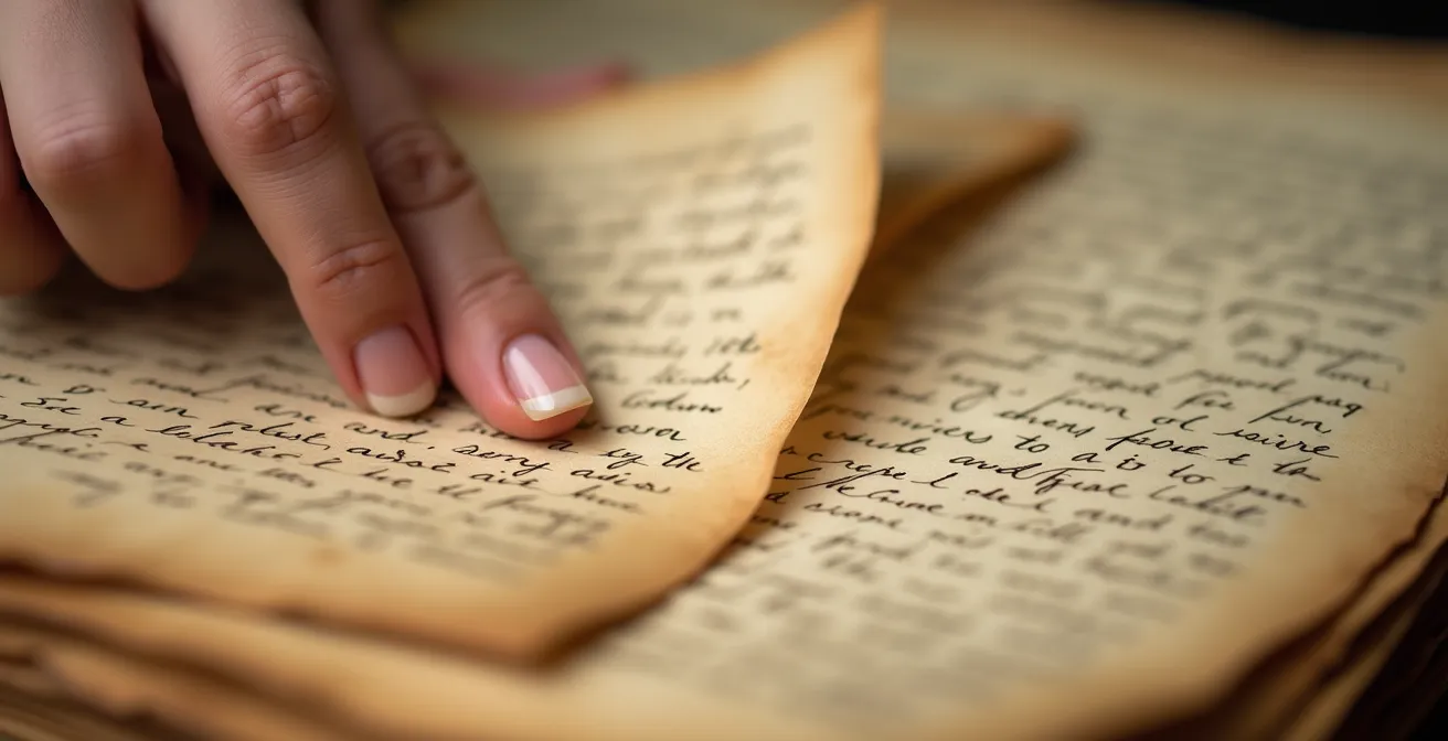 Vue macro d'un manuscrit ancien de recettes avec une main explorant délicatement les pages jaunies