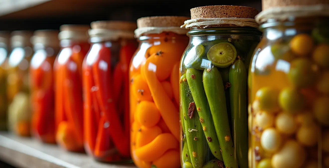 Étagère de garde-manger vivant avec bocaux de légumes lacto-fermentés dans un restaurant français