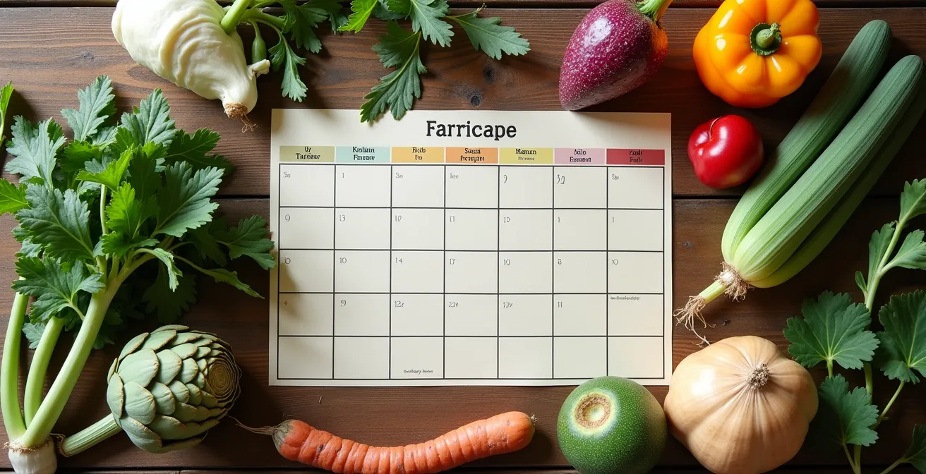 Calendrier de culture saisonnier avec des légumes anciens disposés par saison, illustrant la planification entre chef et producteur.