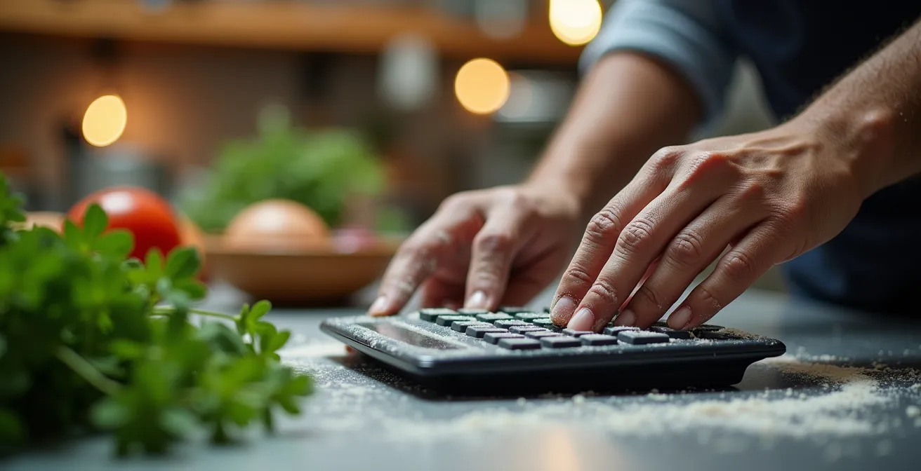 Chef analysant des ratios de gestion avec une calculatrice dans une cuisine professionnelle