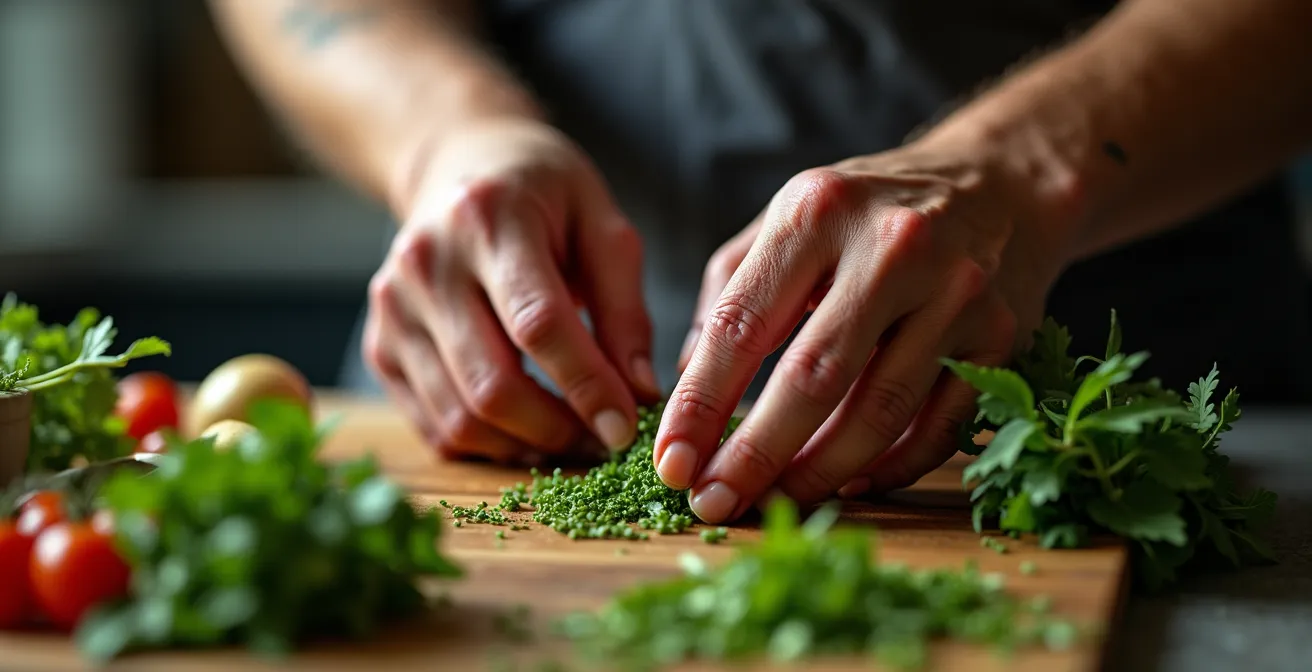 Portrait d'un chef en pleine préparation matinale, illustrant la dimension athlétique du métier