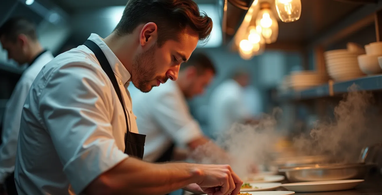 Portrait d'un chef en action pendant le service, concentration intense