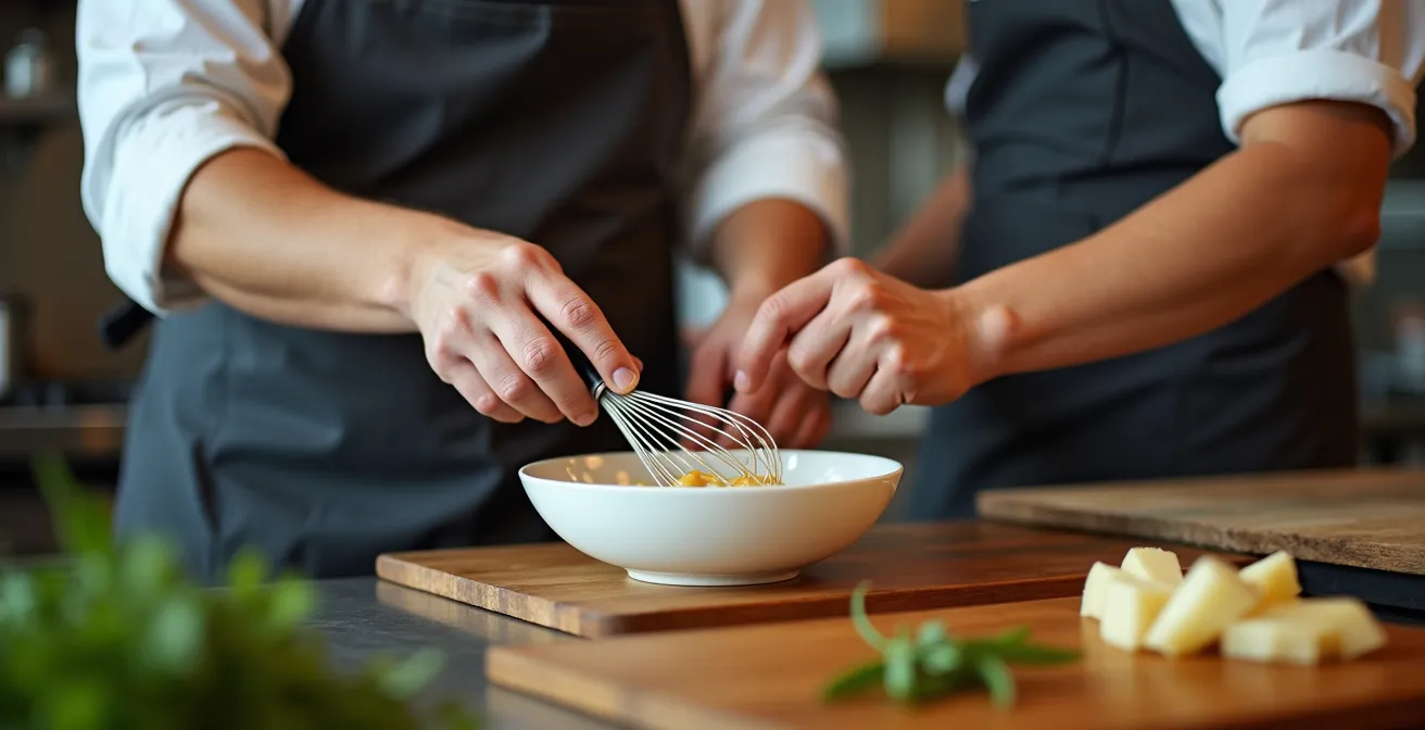 Chef guidant les mains d'un apprenti dans la préparation d'une sauce, environnement chaleureux de cuisine professionnelle