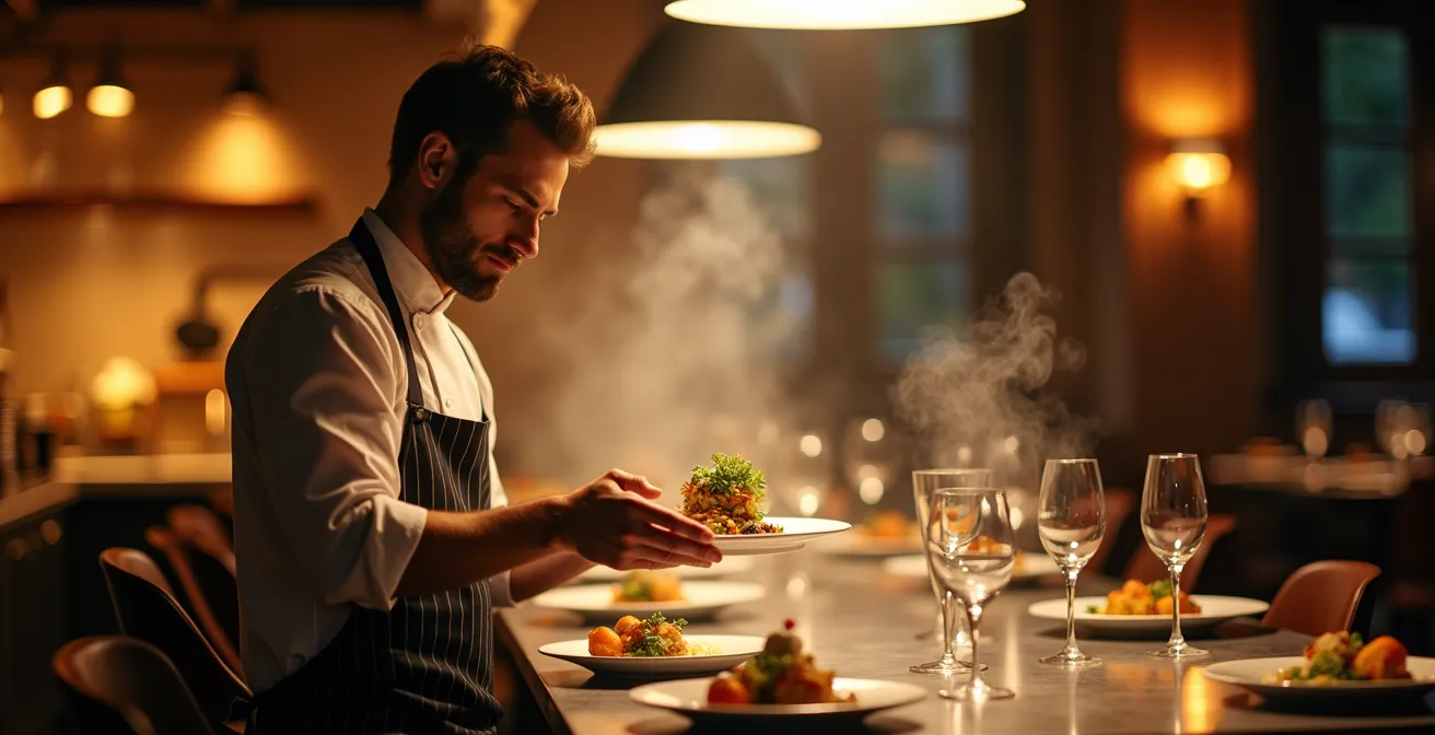 Chef de rang en discussion avec la brigade en cuisine