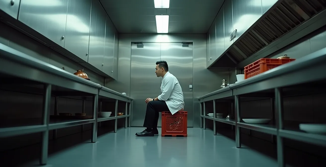 Chef seul dans sa cuisine après le poids de la pression des étoiles Michelin