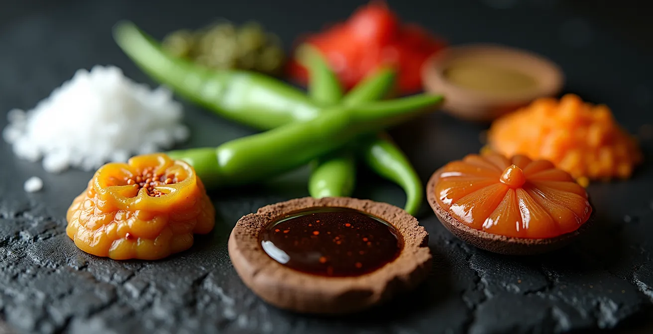 Composition photographique macro des cinq saveurs fondamentales de la cuisine asiatique