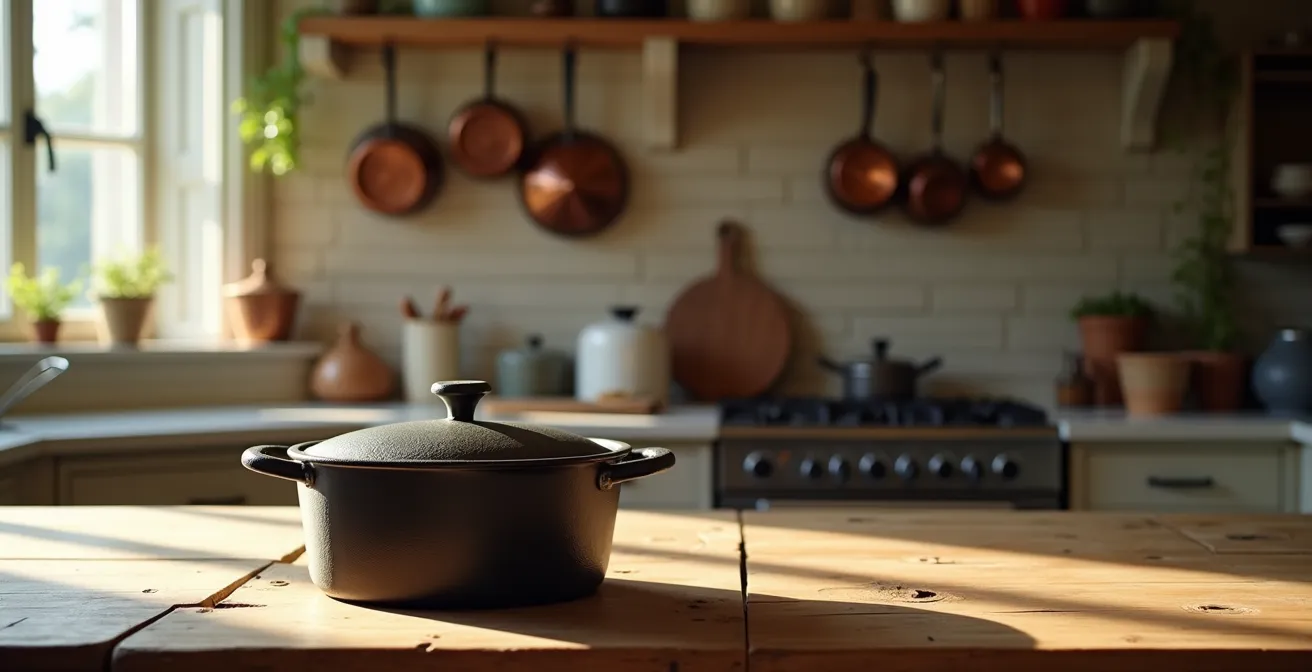 Cocotte en fonte vintage restaurée posée sur un plan de travail en bois dans une cuisine française traditionnelle