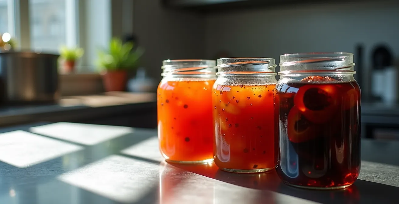 Vue d'ensemble minimaliste de bocaux de conservation avec tomates fermentées dans un environnement de cuisine professionnelle