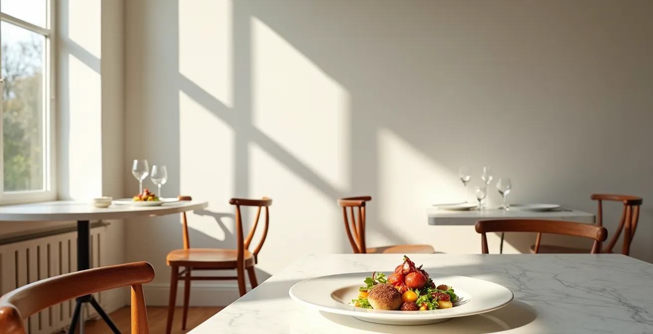 Composition culinaire abstraite défiant les classifications traditionnelles de la gastronomie française