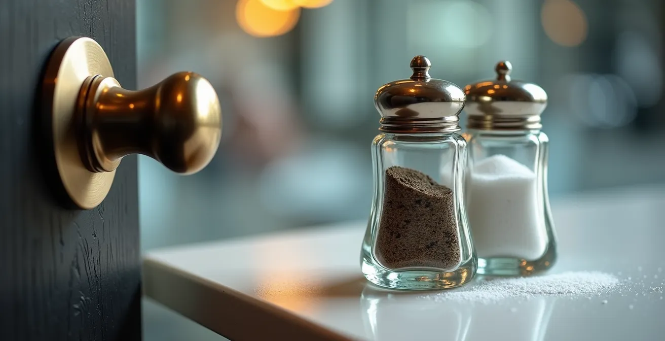 Gros plan macro sur les détails souvent négligés dans un restaurant : poignées de porte, dessous de table, salière