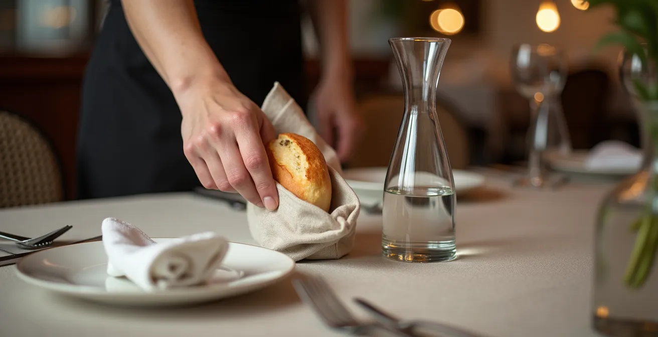 Détails raffinés d'une table de restaurant avec pochon à pain en lin, couverts forgés main et carafe d'eau design