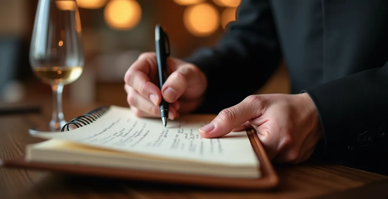 Gros plan sur les mains expressives d'un serveur prenant une commande, illustrant l'art de la communication non-verbale