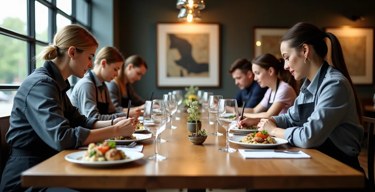 Équipe de restaurant en formation découvrant la nouvelle carte saisonnière lors d'une dégustation