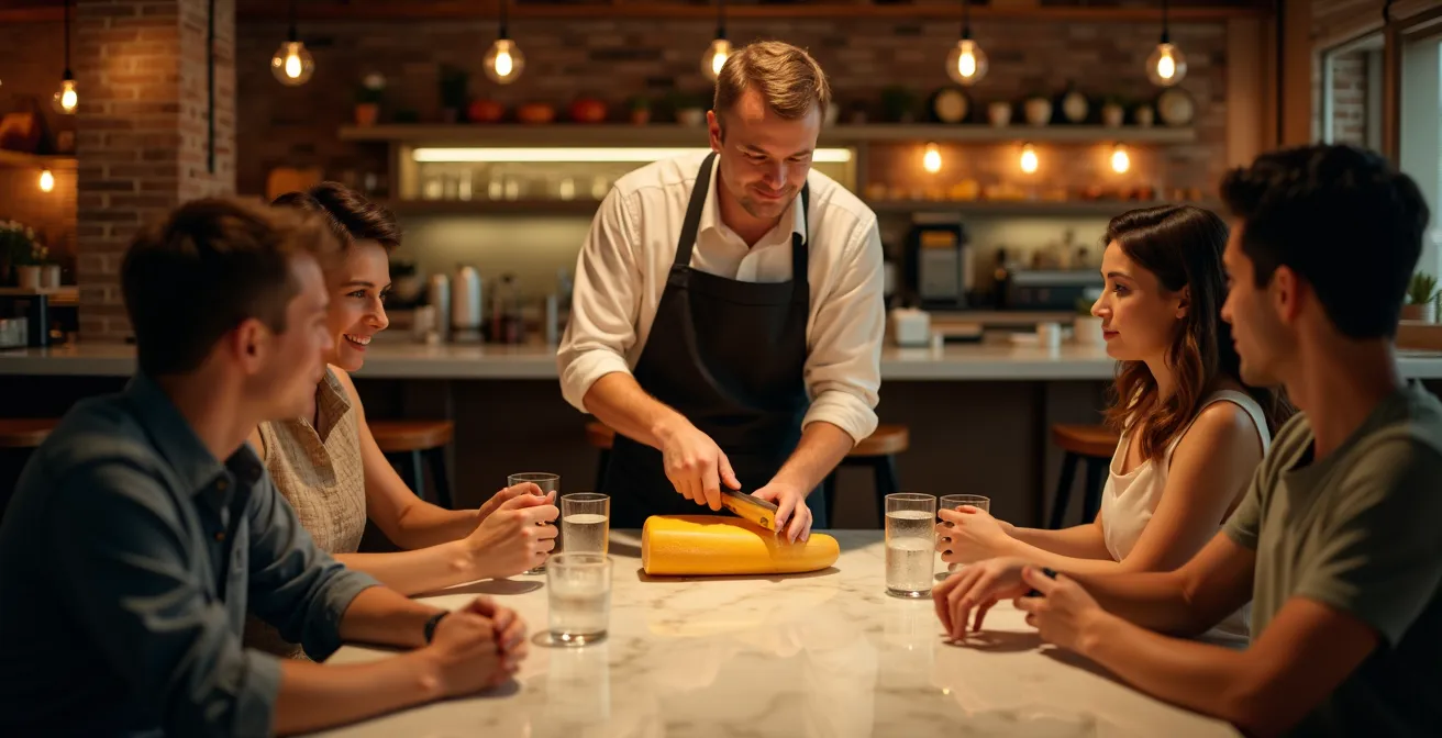 Un producteur de fromage anime un atelier de dégustation pour des clients attentifs dans un restaurant.