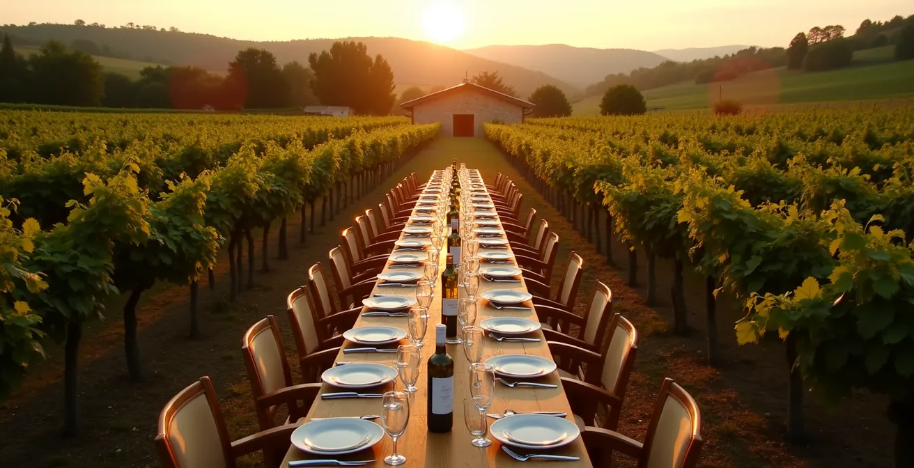 Vue aérienne d'une table dressée dans un vignoble au coucher du soleil avec des convives partageant un repas gastronomique