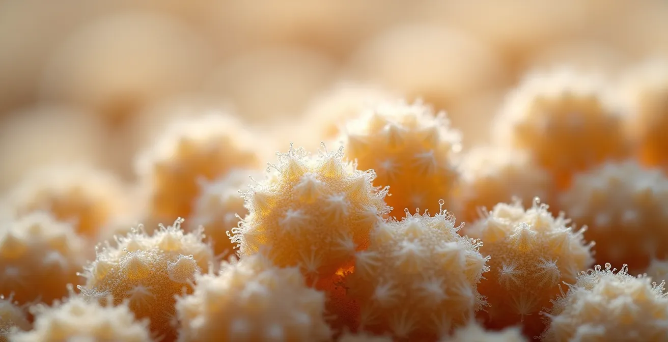 Gros plan macro sur du koji en fermentation avec des spores visibles sur des céréales françaises