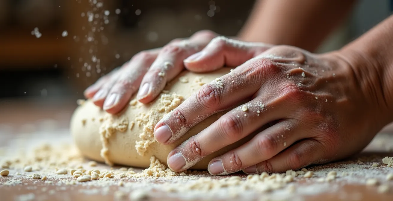 Détail macro de mains expertes travaillant une pâte au levain naturel