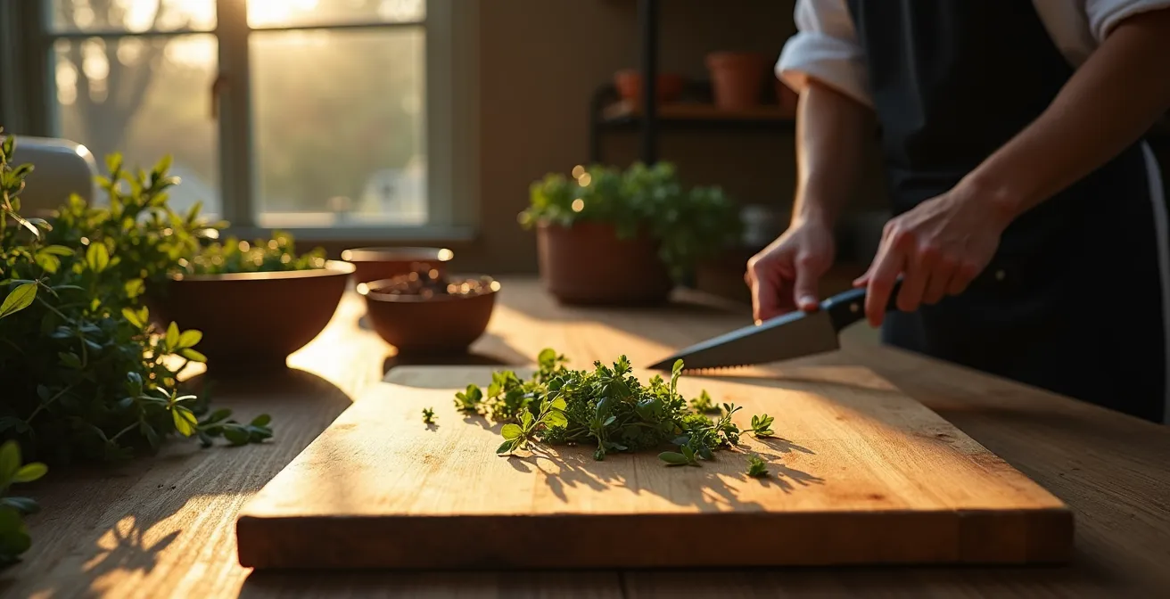 Mains de chef tenant délicatement des herbes aromatiques avec arrière-plan de cuisine floue
