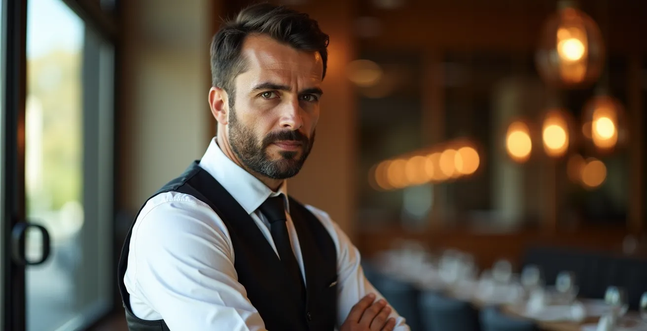 Chef de rang analysant subtilement l'atmosphère d'une table en restaurant