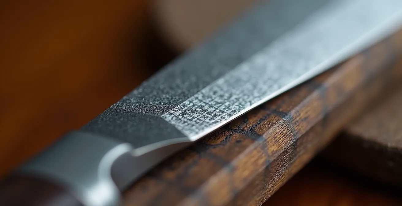 Vue macro détaillée du tranchant d'un couteau d'artisan français montrant la texture de l'acier forgé