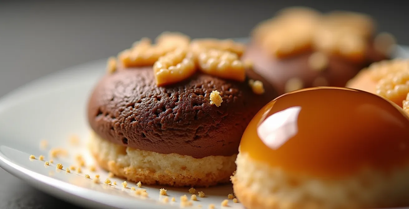 Vue macro détaillée de différentes textures culinaires en contraste sur une assiette de chef