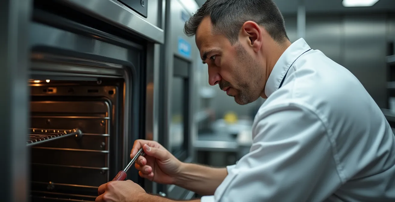 Technicien effectuant la maintenance d'un four professionnel dans une cuisine commerciale