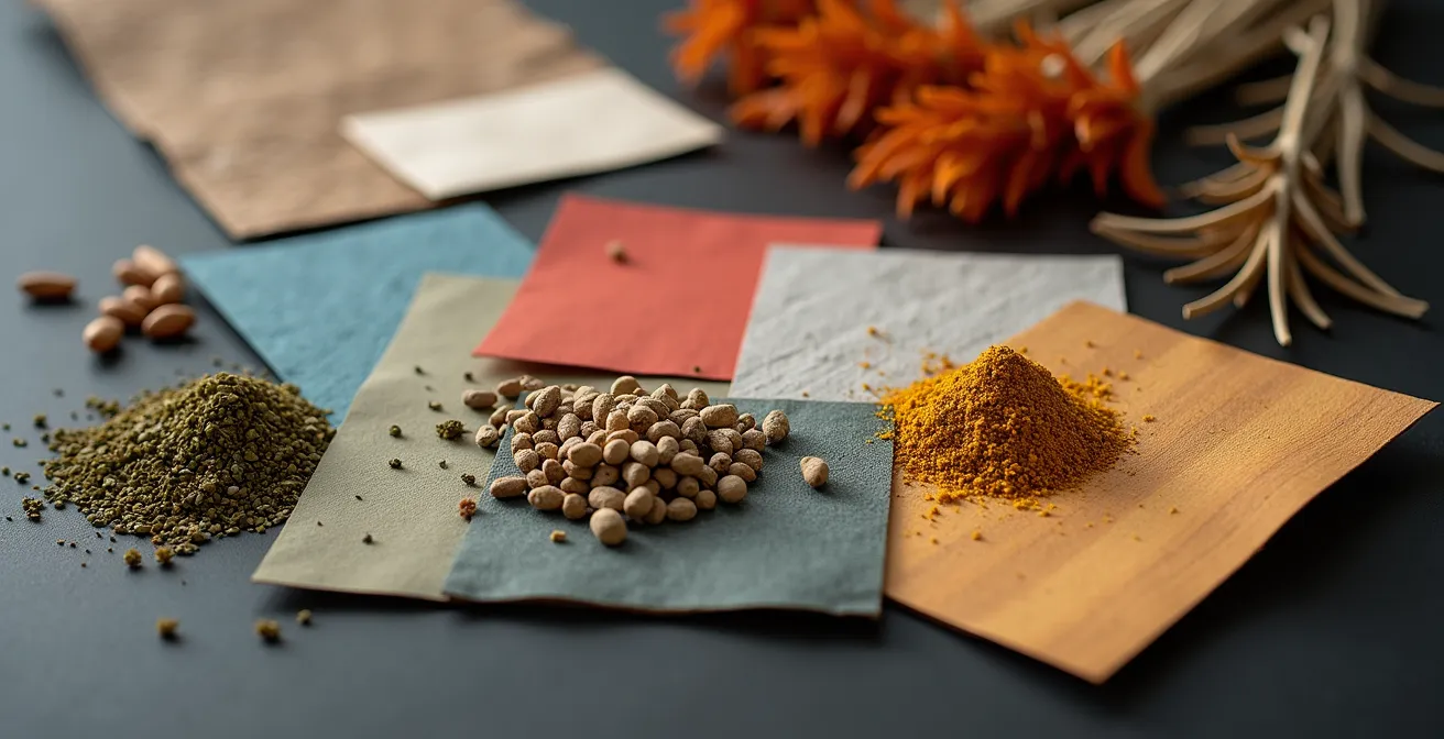 Vue macro de fiches conceptuelles colorées organisées sur une table de travail créative