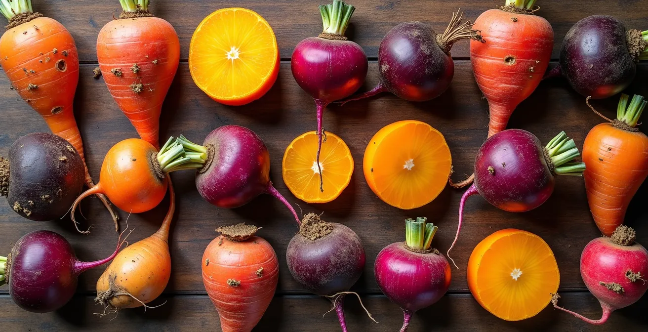 Vue macro de différentes variétés de légumes racines anciens disposés en mosaïque géométrique