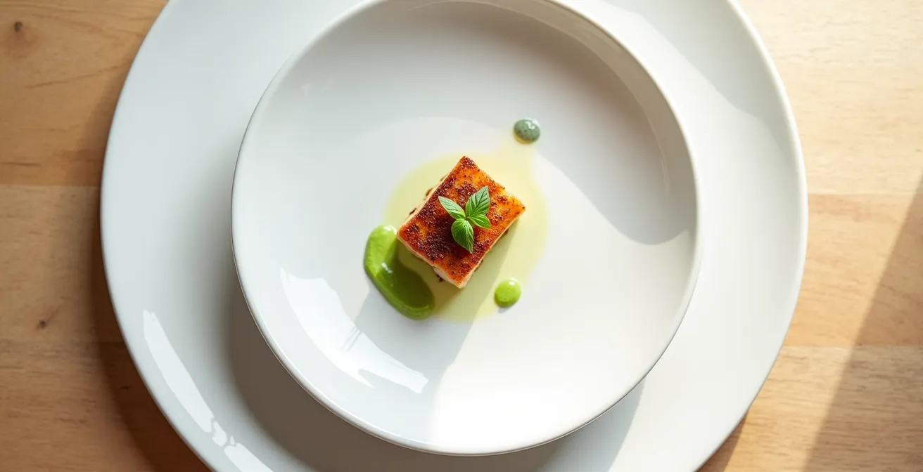 Assiette blanche épurée avec un dressage minimaliste d'un plat gastronomique français