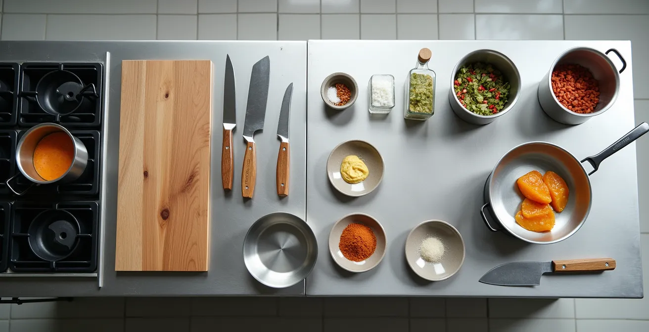 Plan de travail organisé avec ustensiles et ingrédients pour l'examen du CAP Cuisine