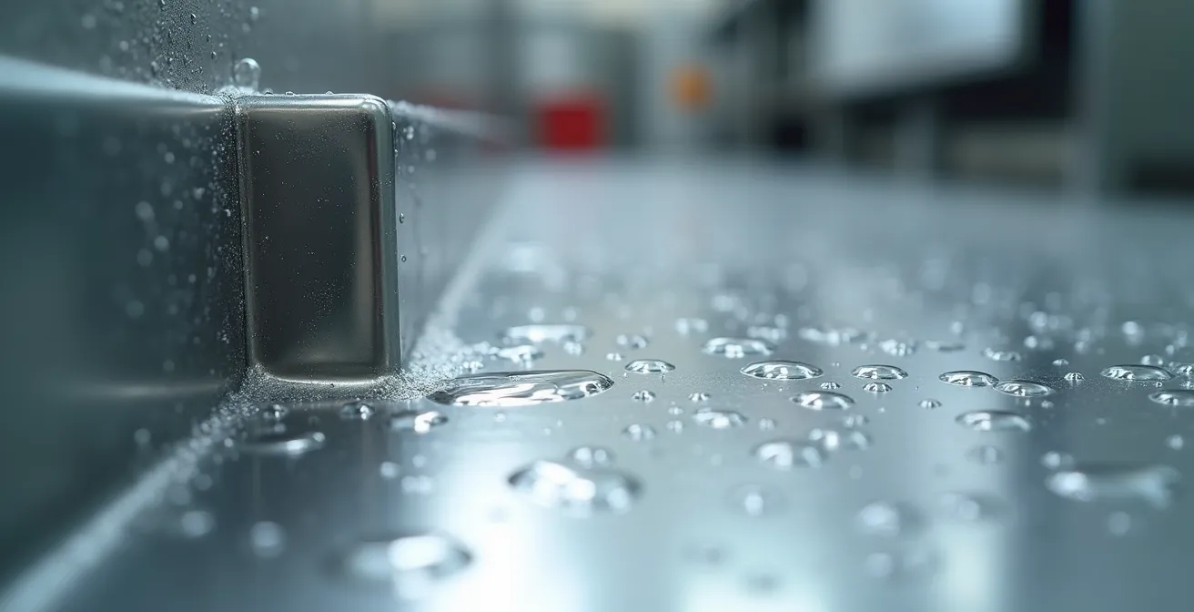 Vue aérienne d'une cuisine professionnelle montrant le flux de travail avec zones distinctes de préparation et cuisson