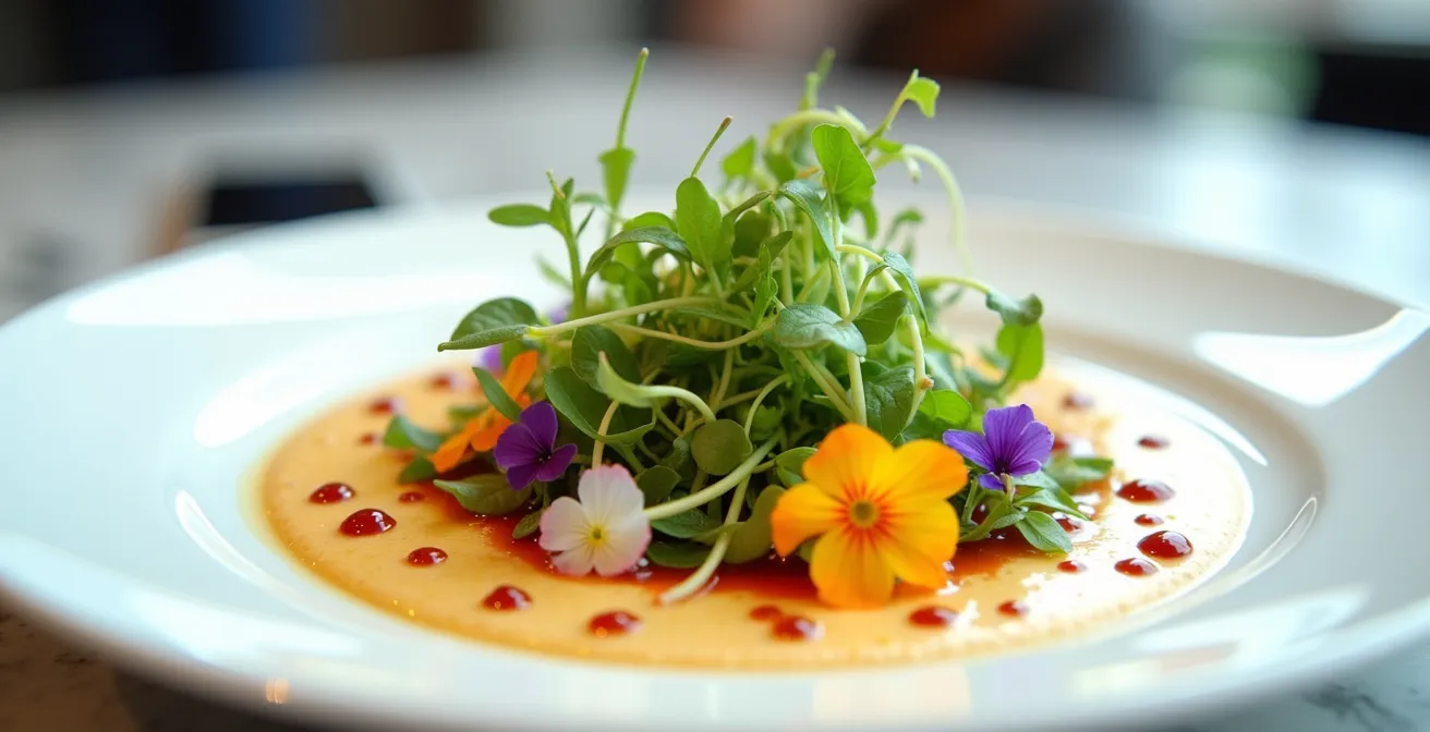 Plat gastronomique coloré photographié d'en haut avec smartphone flou en arrière-plan