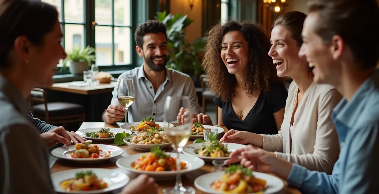 Convives dans un restaurant français contemporain partageant des plats végétaux et traditionnels