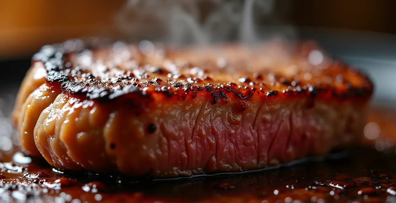 Vue macro de la croûte dorée d'une viande grillée montrant la réaction de Maillard