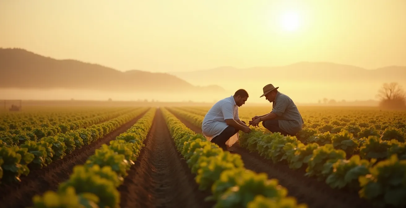 Un chef et un producteur discutent dans un champ au lever du soleil, examinant ensemble la récolte