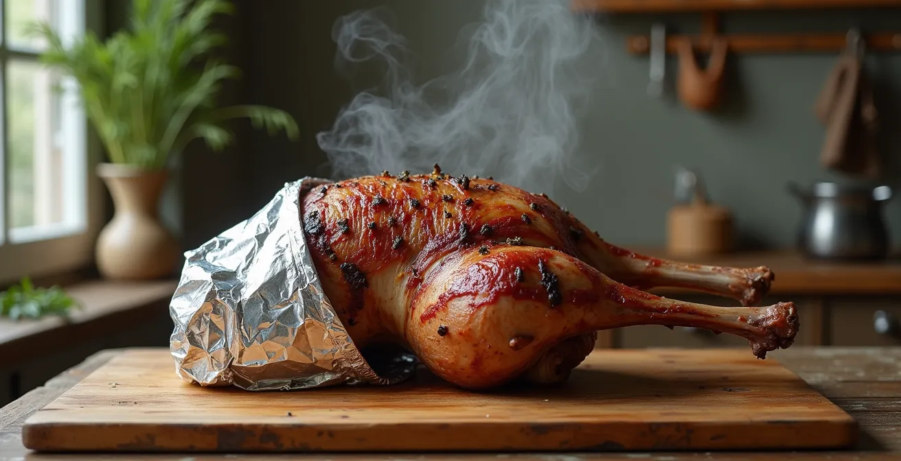 Gigot d'agneau enveloppé partiellement dans du papier aluminium avec de la vapeur s'échappant délicatement