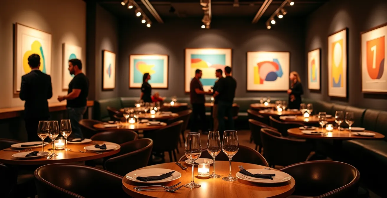 Salle de restaurant transformée en galerie d'art avec des convives admirant des œuvres lors d'un vernissage culinaire