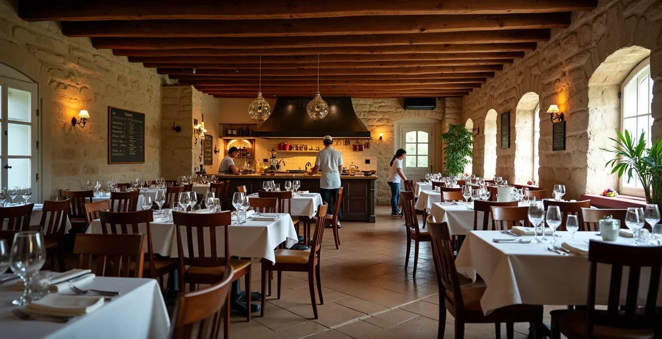 Vue large d'une salle de restaurant rustique avec cuisine ouverte où le chef échange avec des convives