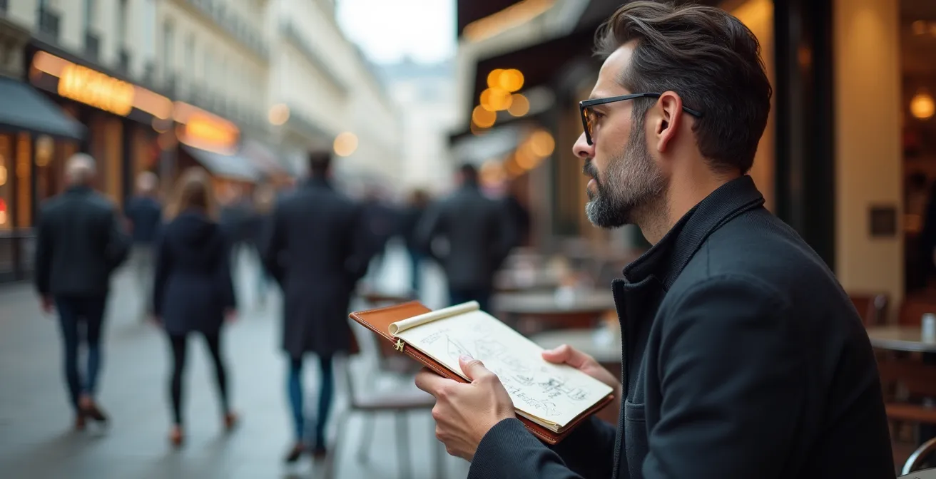 Entrepreneur observant discrètement la fréquentation d'une rue commerçante avec carnet de notes