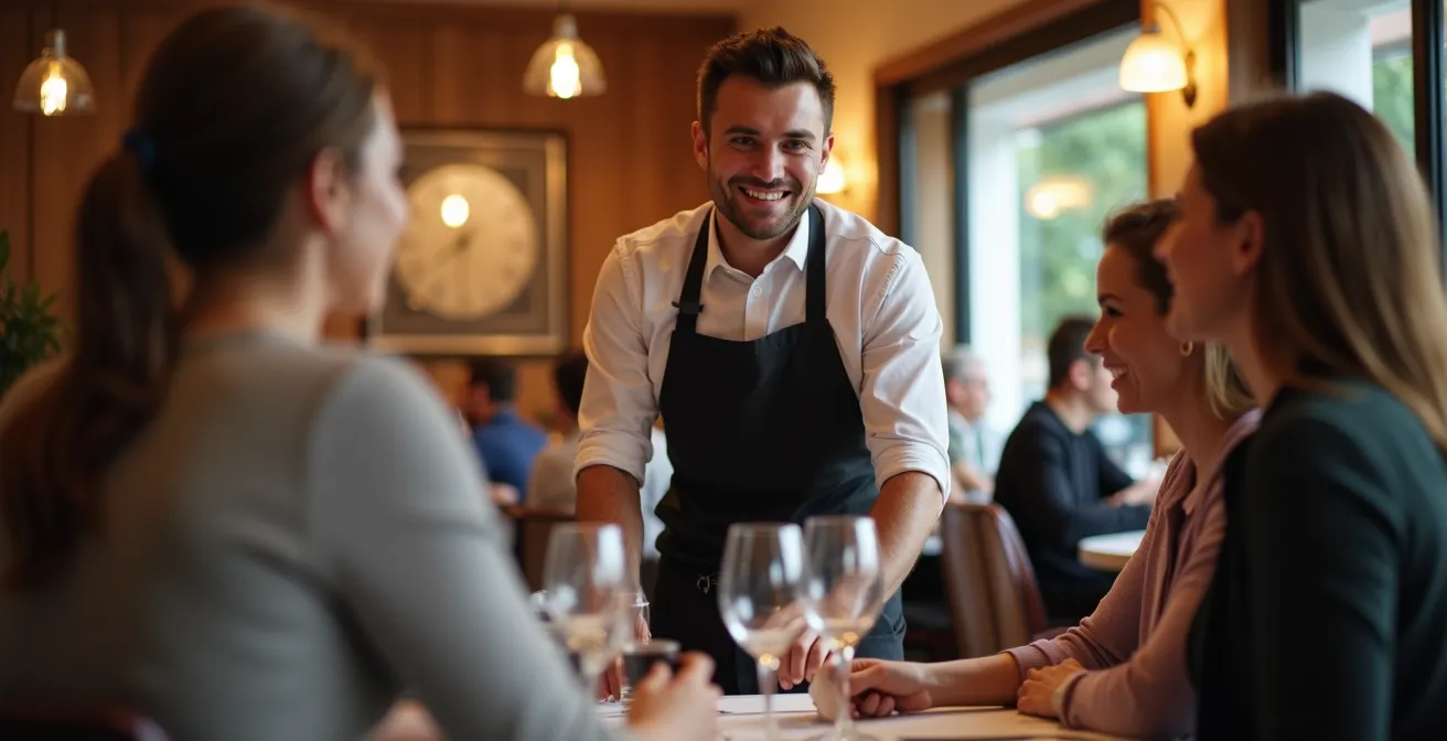 Portrait d'un serveur français en interaction chaleureuse avec des clients dans un bistrot parisien