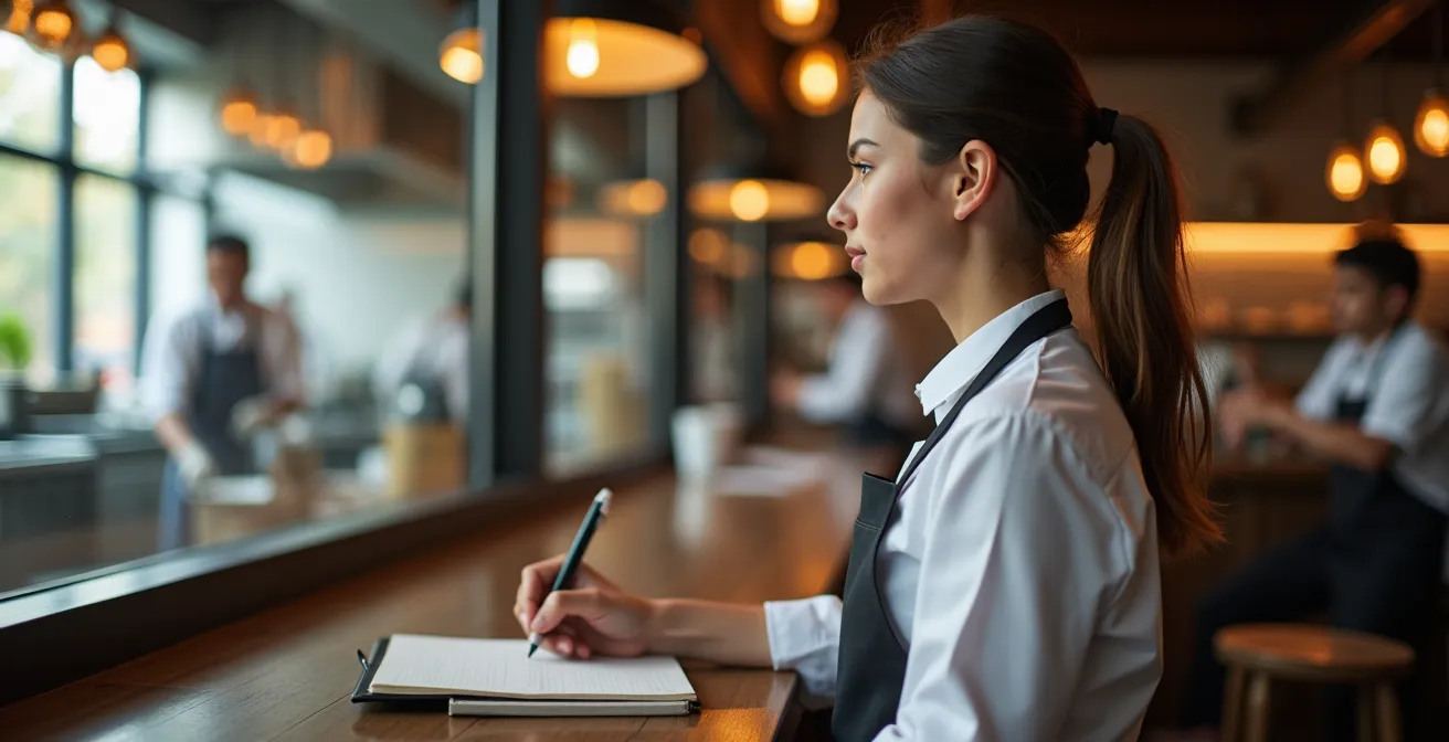 Stagiaire prenant des notes d'observation dans un restaurant français