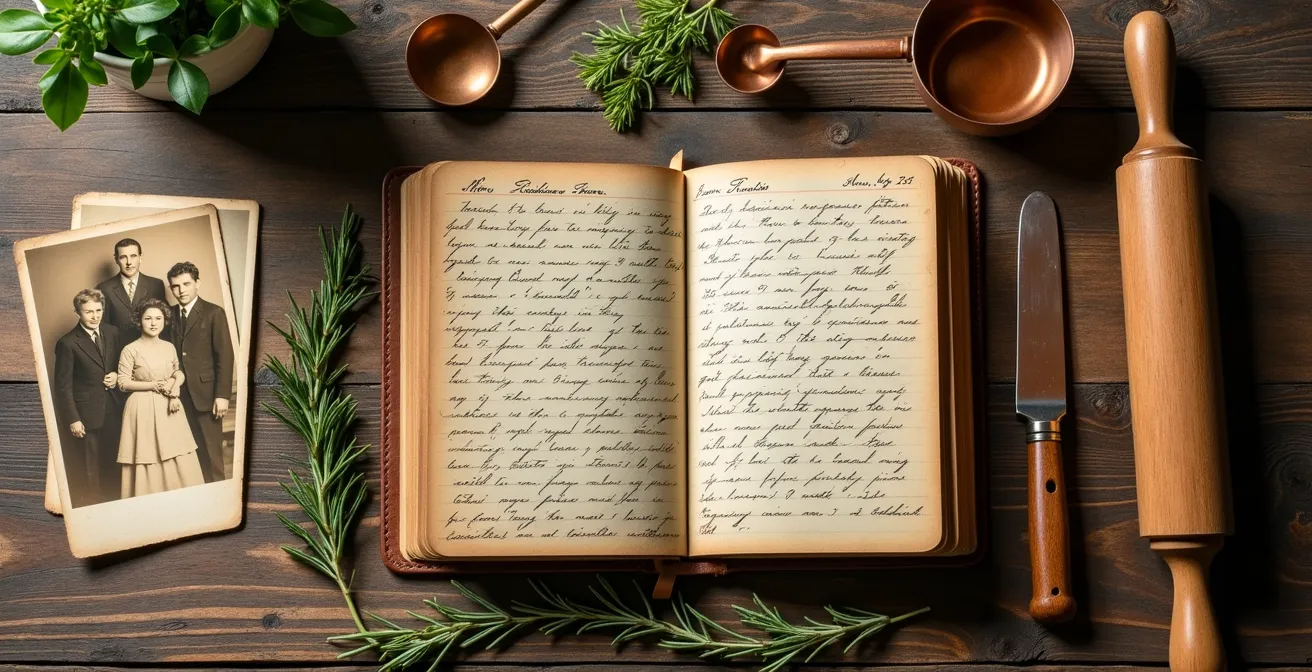 Carnet de recettes familiales ancien ouvert sur une table en bois avec herbes aromatiques et photos vintage